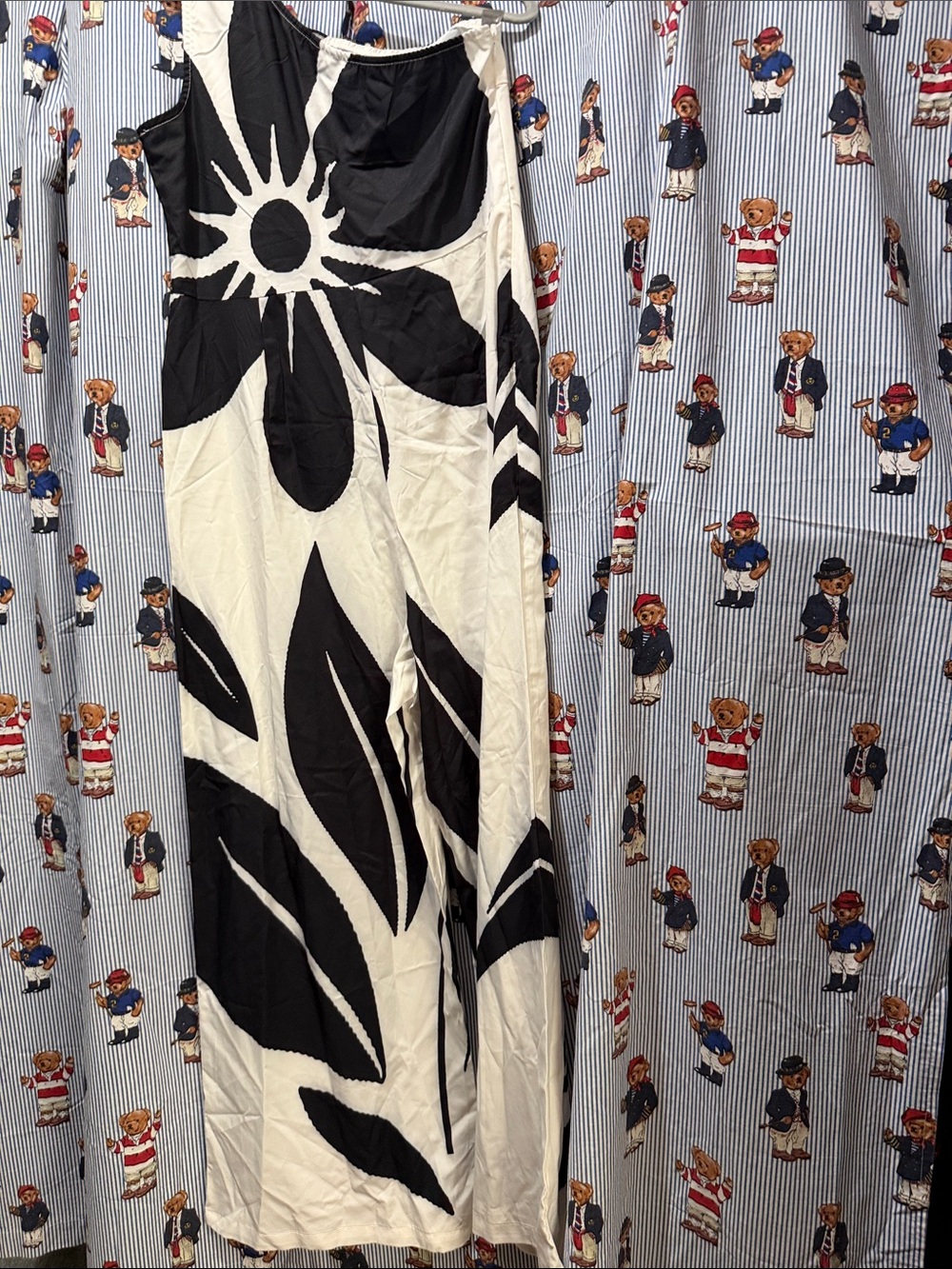 Black & White Floral Sleeveless Wide-Leg Jumpsuit one shoulder